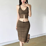 Woherb Summer New Women's Wear Waist Draw Pleated Plaid Crop Small Vest Slim Skirt-Outfit
