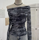Tie-Dye-Print Mesh Folded Long-Sleeved T-Shirt With A Word-Collar Slanted Shoulder-To-Back Short Top