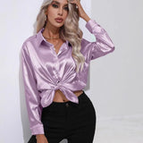 Satin Shirt Satin Imitation Silk Long-Sleeved Pure Color Elegant Button Front Lapel Shirt-Outfit