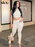 Kliou High Street Two Piece Set Women Scratching Shape Mesh Sleeveless Short Top+Sexy Sheath Slim High Waist Female