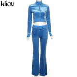 Kliou Solid Velour Two Piece Set Women Simple Casual Zipper Long Sleeve Turtleneck Top+Bandage Lace Slim Female Wide Leg