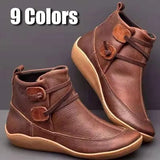 Winter Women Ankle Boots Retro Punk PU Leather Plush Snow Boots Casual Strap Slip-On Waterproof Flat Shoes Short