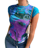 Retro Tie Dye Graphic Print T-shirt E-girl Gothic Women Short Sleeve Slim Fit Crop Top Female Summer Basic Sweats