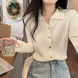 Woherb And Autumn New Polo Collar Sweater Short Jacket Women's Fashion Slim Pure Color Simple Small Cardigan Single Coat-Outfit
