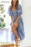 Elegant Square Collar Plaid A-Line Summer Spaghetti Midi Dress For Women 2023 Short Sleeve Ruffle Backless Boho Party Dress-Outfit