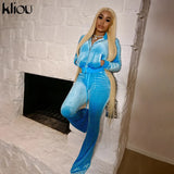Kliou Solid Velour Two Piece Set Women Simple Casual Zipper Long Sleeve Turtleneck Top+Bandage Lace Slim Female Wide Leg