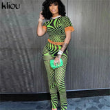 Kliou Sexy Mesh Two Piece Set Women SeeThrough Midnight Style Striped Color Blocking Top+Letter Print High Stretchy