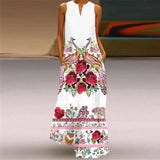 Flower Printed Long Summer Pocket Sexy V-neck Sleeveless Dresses for Women Party Bohemian Ankle-Length Vintage