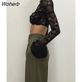 Lace See Through Petal Long Sleeve T-shirt Women Hollow Out O Neck Slim Patchwork Top Sheer Tees Fashion Streetwear-Outfit