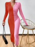 Contrast Color Commuting Button V Neck Long