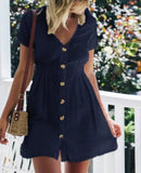 Street Hipster Solid Color V-neck Slim-fit Button High Waist