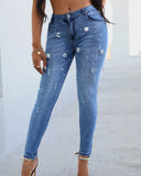 Women Fashion Casual Slinky Jeans Long Pants Beaded Pocket Design Women Trousers RippedDesign Denim Pants Fashion Casual