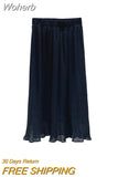 Women Spring Summer Chiffon Pleated Skirt Elegant High Waist Mid-length Solid Color Long A-line Skirt QT2041-Outfit