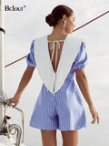 Summer Striped Jumpsuits Woman 2022 Elegant Peter Pan Collar Lace-Up Bodysuits Chic Short Sleeve Backless Overalls