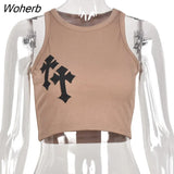 Puss Ribbed Cross Tank Top Y2K Women Solid Round Neck Navel Sexy Camisole Stretchy Skinny Street Hot Girl Wild Clothing-Outfit