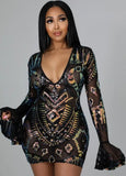 Black Sequins V-neck See Through Mesh Long Sleeve Club