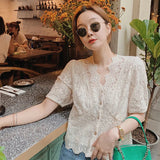 New Chic Hollow V-neck Blouse Women Korean Sweet Short Sleeve Apricot Tops Fashion Floral Loose Ladies Shirt Blusas