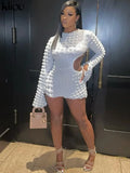 Kliou Stacked Hollow Out Mini Dress Women Fashion Stunning Long Sleeve Drawstring Undefined Skinny Skirt Attirewear Female