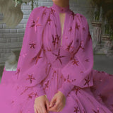 New Multi-Colored Half-High Collar Glide Open Lantern Sleeve Sleeve Chiffon Dress Chiffon