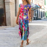 Flower Dress Women O Neck Pocket Summer Casual Dresses For Women Loose Long Dress Plus Size Ladies Vacation Party