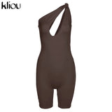 Kliou One Shoulder Cut Out Biker Shorts Rompers 2021 Sleeveless Sporty Workout Activewear Playsuits Solid Casual Women