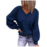 Woherb And Winter New Large Size Loose Sweater V-Neck Pure Color Pullover Sweater Female-Outfit