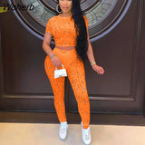 Hole Active Women Set Short Sleeve T-shirt and Shorts Set Sport Tracksuit Two Piece Set Fitness Outfit Ribbed Sweatsuit-Outfit