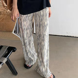 Summer Pleated Tie Dye Pants Women Korean Style Straight Wide Leg Trousers Woman High Waisted Streetwear Pants Feamle-Outfit