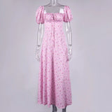 Vintage Floral Dress Women Summer Square Collar Puff Sleeve Long Dress Sexy Off Shoulder Side Split A-line Dress
