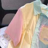 Short-sleeve Shirts for Women Patchwork Macarone Contrast Summer Blouse All-match Daily Chemise Femme Korean Chic Top-Outfit