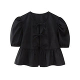 ZRN-Women's Lace Up Cropped Blouses, Puff Sleeves, O Neck, Female Shirts, Chic Tops, Fashion-Outfit
