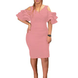 Solid Color V-Neck Off-The-Shoulder Ruffled Flare Short Sleeve Bodycon Chic African European And American
