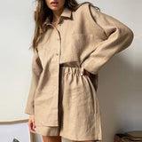 Women Linen Shorts Set 2021 Turn-down Collar Long Sleeve Top Shirt And Shorts Casual Two Pieces Set Loose Outfit