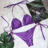 Woherb 2023 New Sexy Metal Accessories Rhinestone Women's Split Swimsuit Plain Strap