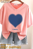 100% Cotton L-6XL T Shirt Plus Size Tshirt Short Sleeve Women Top Summer Heart Print Couple V Neck Oversized T Shirts-Outfit
