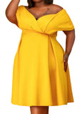 Sweet Off-the-shoulder Short Sleeves Solid Belted Midi A-line Plus Size Party