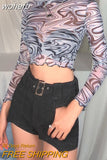 Graphic Print Green Mesh Sheer T-shirt Long Flare Sleeve Slim Crop Tops Sexy See Trough Women Tops Y2K Vintage Grunge-Outfit