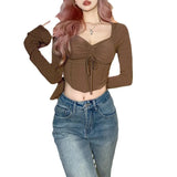 Woherb 2023 New Women's Solid Color Irregular Sleeve Drawn Pleated Rope Fish Bone Waist Exposed Umbilical T-Shirt-Outfit