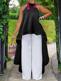 Women Summer Halter Long Blouses 2022 Fashion Streetwear Asymmetrical Shirt Casual Backless Ruffled Tops Sleeveless