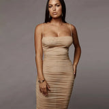 2021 Sleeveless Straps Pleat See-Through Slash Neck Bodycon Solid Dress Summer Sexy Women Streetwear Y2K Party