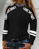 Print Cold Shoulder Top Beading O Neck Fashion Hollow Out Long Sleeve Tops T Shirt-Outfit