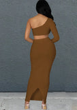 Sexy Hollow Out One Shoulder Irregular Top and Slit Long Skirt 2 Ppiece
