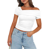 Solid color strapless wrap regular casual short sleeve backless shrunken Tee multicolor high quality pullover t-shirt-Outfit