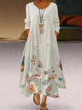 Elegant Women Long Dress Summer Vintage Floral Print Crew Neck Maxi Dress Female Double Layers Long Sleeve Party Dress