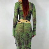 Graphic Print Green Mesh Sheer T-shirt Long Flare Sleeve Slim Crop Tops Sexy See Trough Women Tops Y2K Vintage Grunge-Outfit
