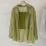 Chiffon Women Thin Shirts Summer Perspective Button Up Solid Blouse Korean Fashion Long Sleeve Shirts Lady Tops 2023 New-Outfit