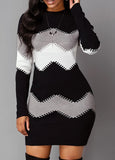 Winter Casual Stripe Print Round Neck Long Sleeve Bodycon