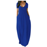 Maxi Dress 2021 Summer Fashion Solid V-Neck Short Sleeve Long Dresses Vestidos Female Casual Pockets Robe Dress Plus