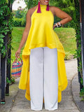 Women Summer Halter Long Blouses 2022 Fashion Streetwear Asymmetrical Shirt Casual Backless Ruffled Tops Sleeveless