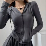 Street Style Zipper Up Slim Crop Tops Women Autumn New Thin Hooded Jacket Woman Korean Pocket Long Sleeve Shirt Mujer-Outfit
